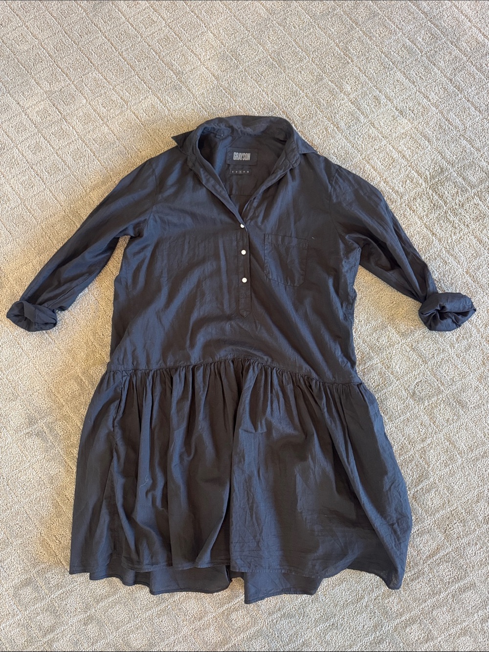 Relaxed Long-Sleeve Navy Shirt Dress with Gathered Skirt
